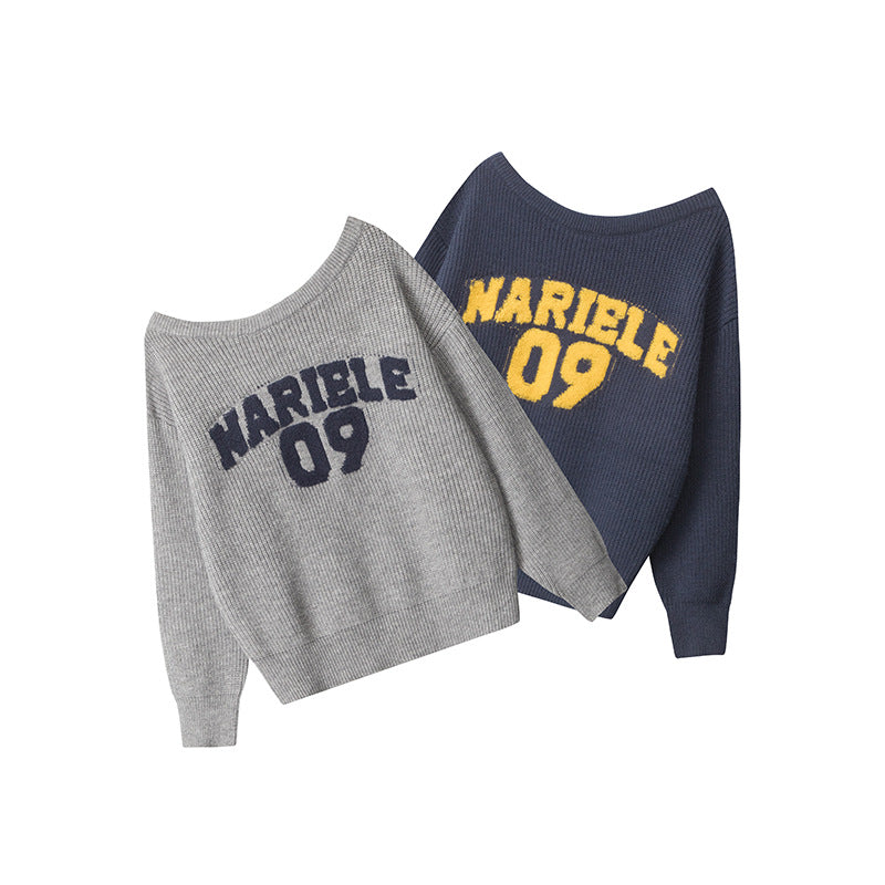 Nariele Letter  Loose Off-Shoulder Pullover Knit Vintage Casual Sweater