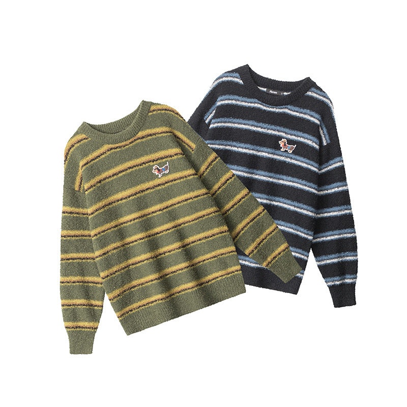 Nariele Retro Striped Crew Neck Sweater Loose Puppy Patchwork Knitwear
