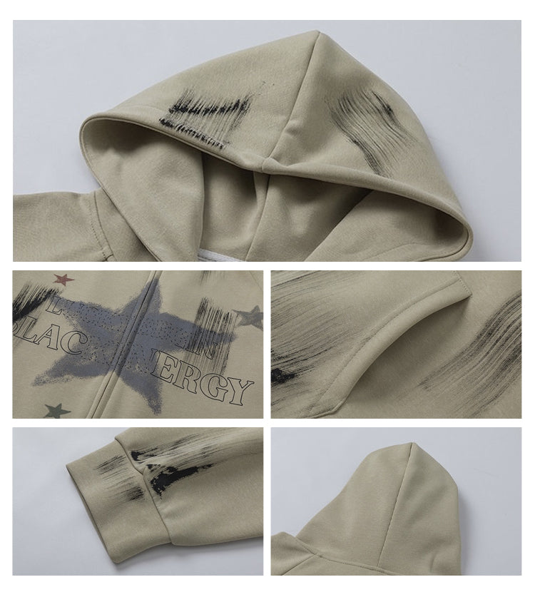 BLACKBB American Painted Star Print Hooded Cardigan Zip Up Jacket