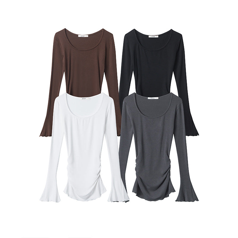 Nariele Thin Ruffle Design Bell Sleeve Sweet Babes Irregular Slim Long Sleeve Top