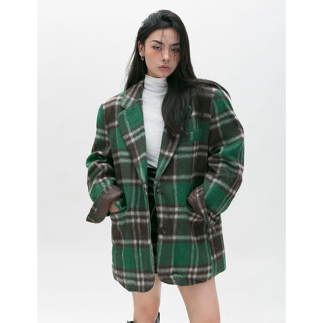 BLACKBB Loose Vintage Green Check Tweed Blazer Coat