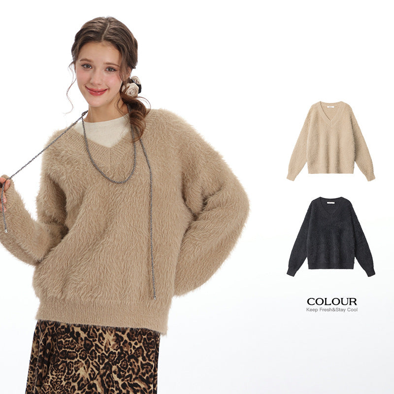 Nariele Trendy V Neck Loose Fluffy Knit Pullover Gentle Pullover Sweater
