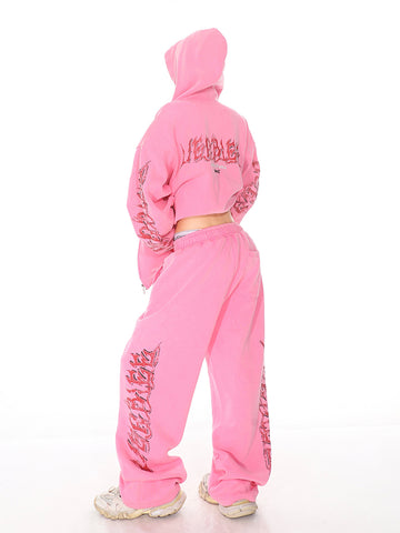 CCUP SPACE Washed Distressed Flame Graffiti Pink Hoodie Sweatpants Set