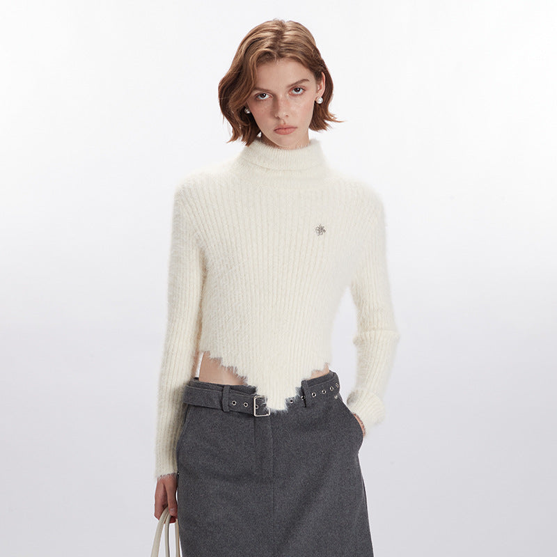 Nariele New Hem Irregular Design Turtleneck Knitting Niche Cropped Top Slim Fit Sweater