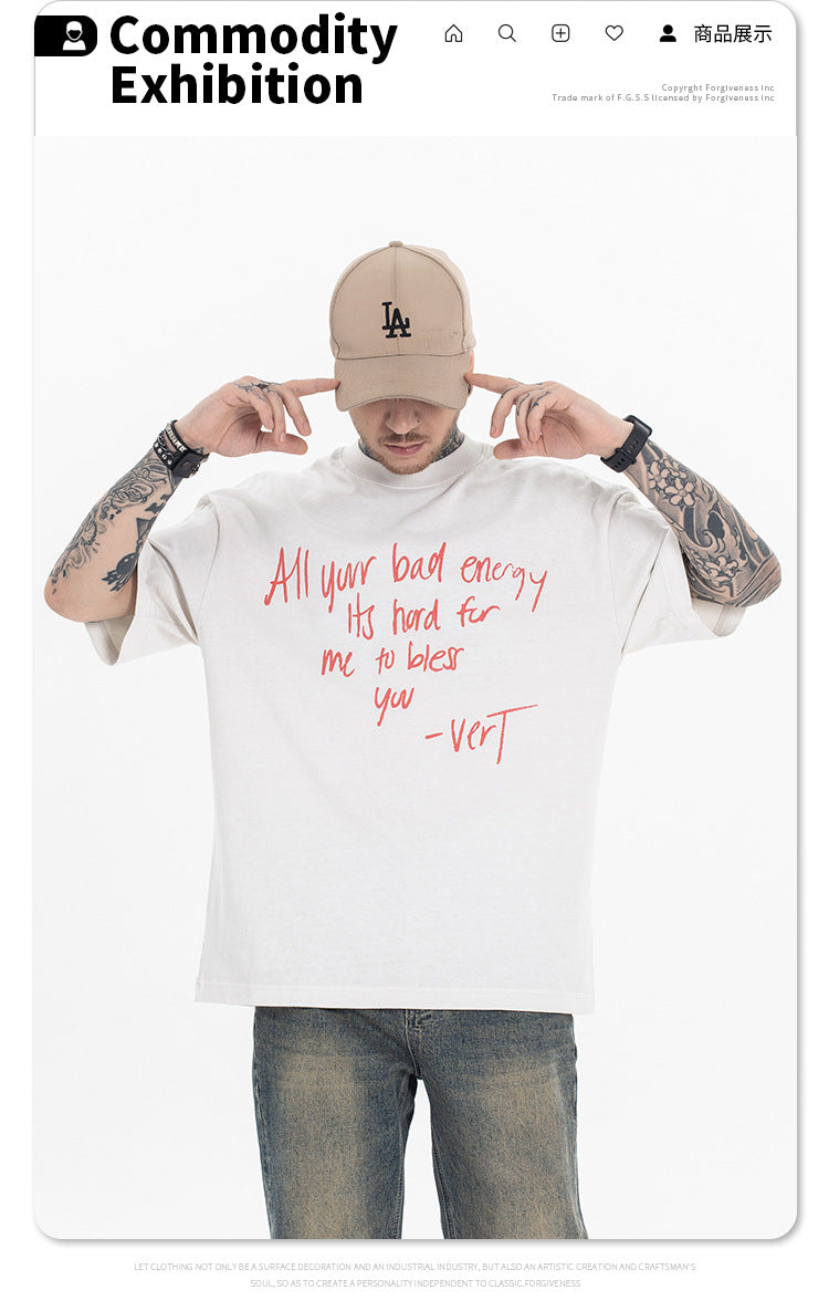 FORGIVNESS Spray Dirty Dyeing Distressed Washed Slogan Spoof Tee