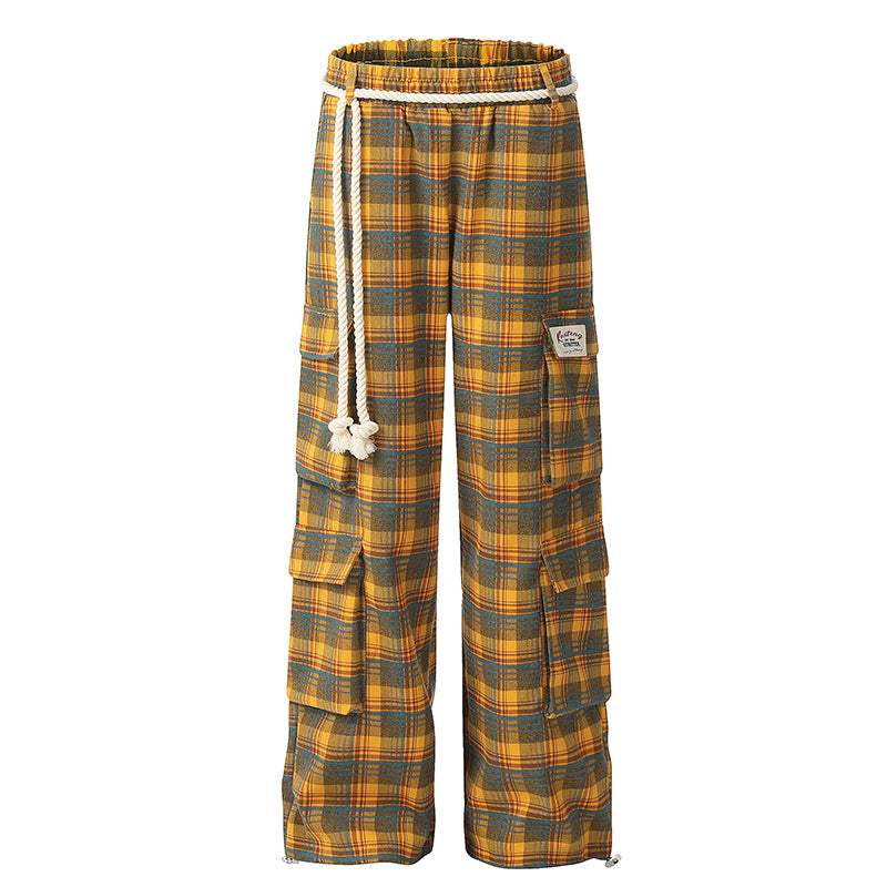 NERESUM Pant Retro Lazy Plaid Pants Trendy Design Casual Straight Cargo Pockets Pants