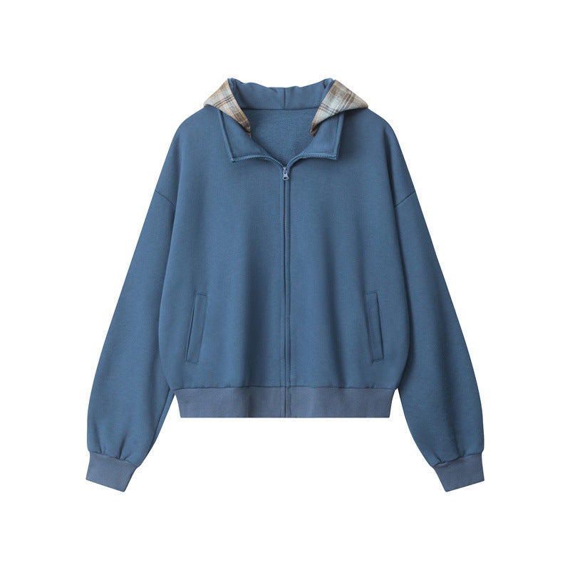 Nariele Fake Two-piece Hoodie Retro Loose Plaid Patchwork Jacket