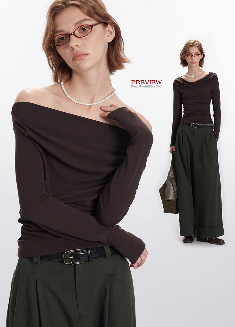 Nariele Wide Neck Long Sleeve T-Shirt Women's Irregular Cropped Babes Top