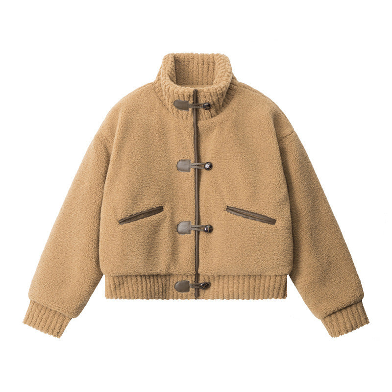 Nariele Stand Collar Padded Short Wool Fleece Cotton Jacket