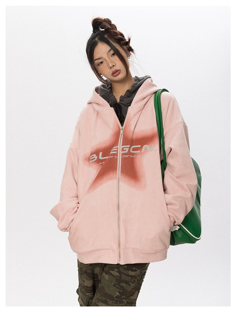 BLACKBB American Vintage Star Print Suede Cardigan Zipper Up Jacket