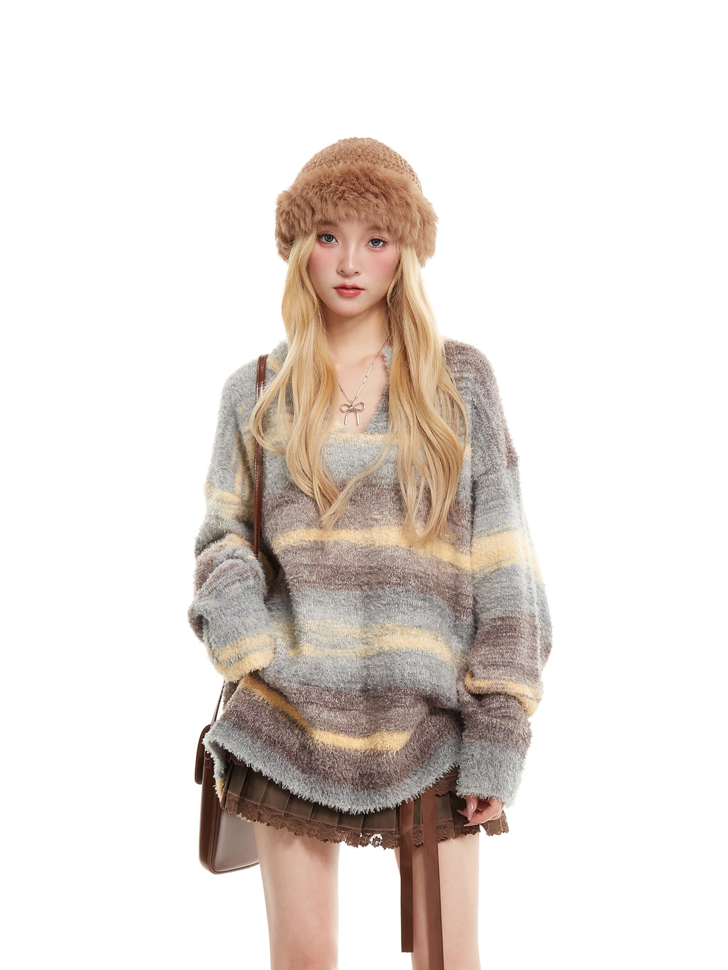 Nariele Japanese retro soft waxy gradient sweater V-neck sweater lazy style casual knitwear