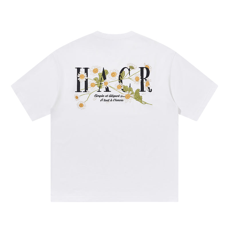 harshandcruel ] floral typography, heavy-duty embroidered tee