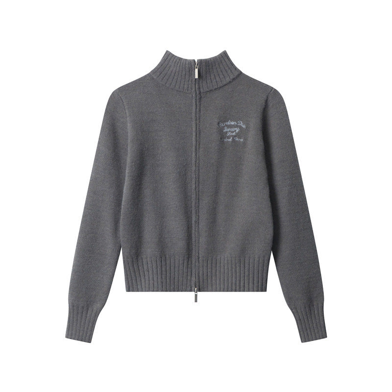 Nariele knitted cardigan letter embroidery knit sweater stand collar slim cropped Top