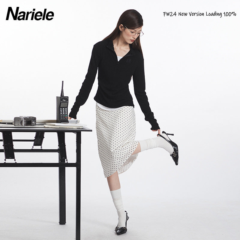 Nariele Fake Two-Piece Stand Collar Long Sleeve T-Shirt  Slim Zipper Top