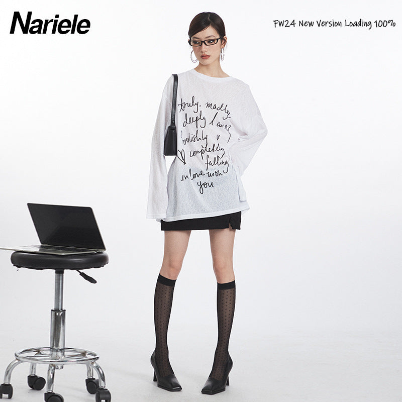 Nariele Oversize Letter Print Light Loose Long Sleeves T-Shirt