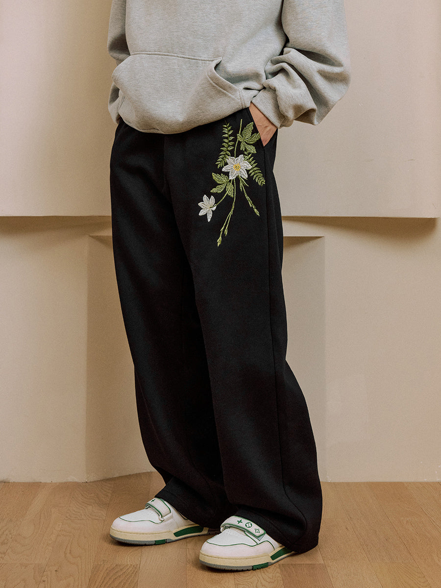 Harshandcruel draped floral embroidered elastic wide-leg straight-leg casual sweatpants