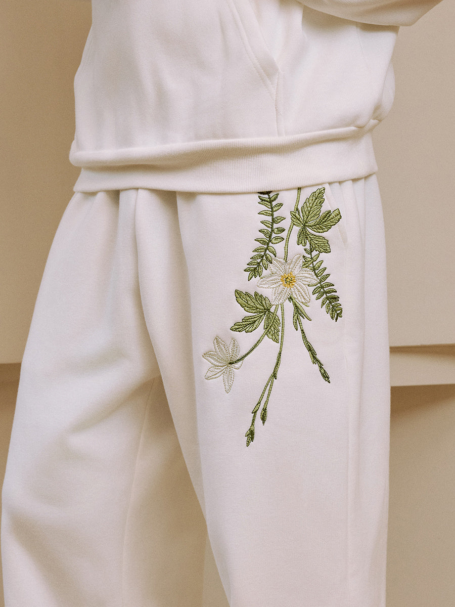 Harshandcruel draped floral embroidered elastic wide-leg straight-leg casual sweatpants
