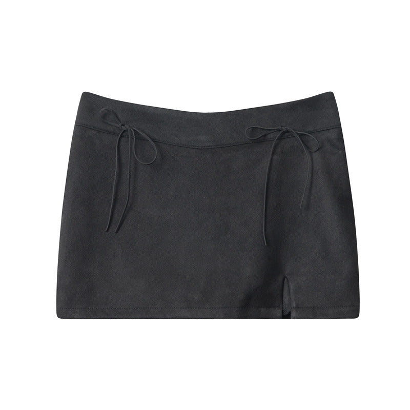 Nariele High Waist Slim Bow Strap Suede Skirt