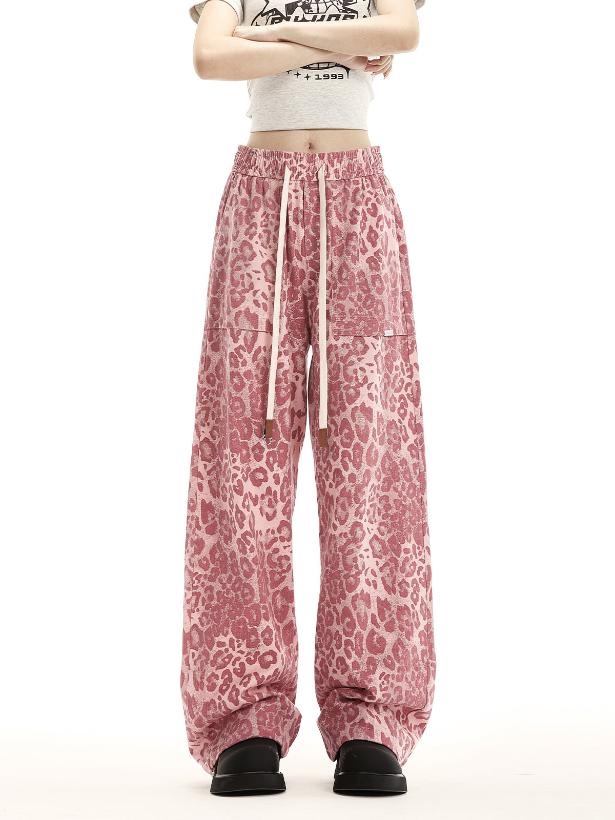 NERESUM leopard print retro cargo pants hip hop casual loose straight pants