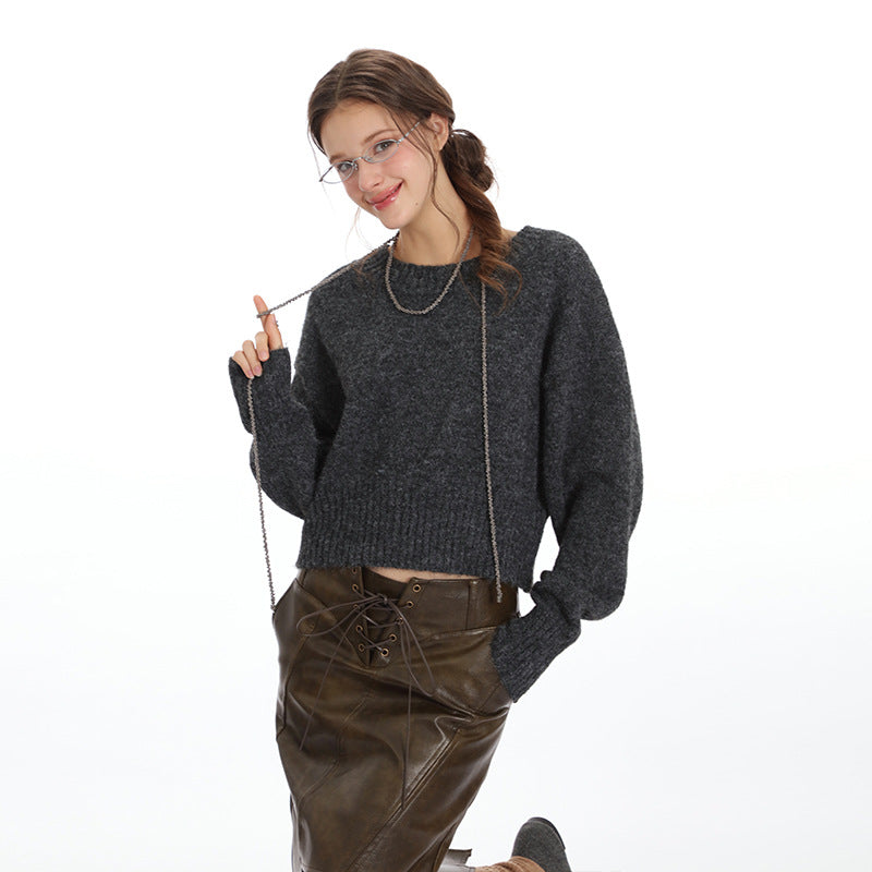 Nariele pullover Solid cropped  Top round neck long sleeve top sweater