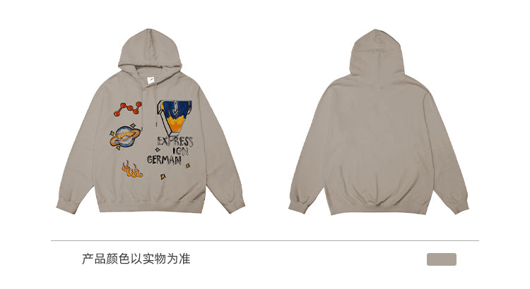 BLACKBB Loose Fleece Cartoon Print Hoodie