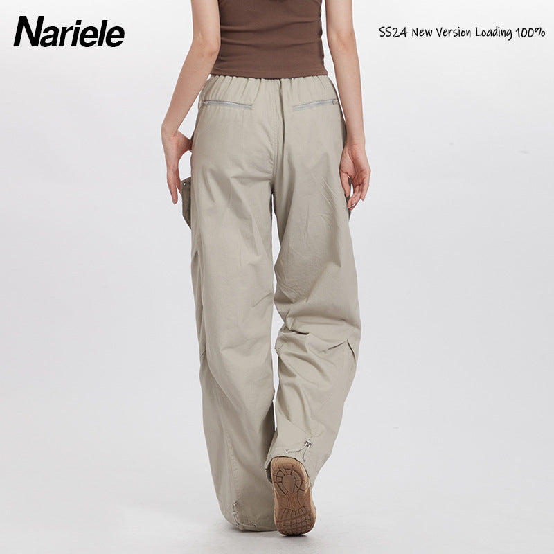 Nariele Unisex Retro Windproof Cargo Pants Ruffled Wide Leg Loose Pants