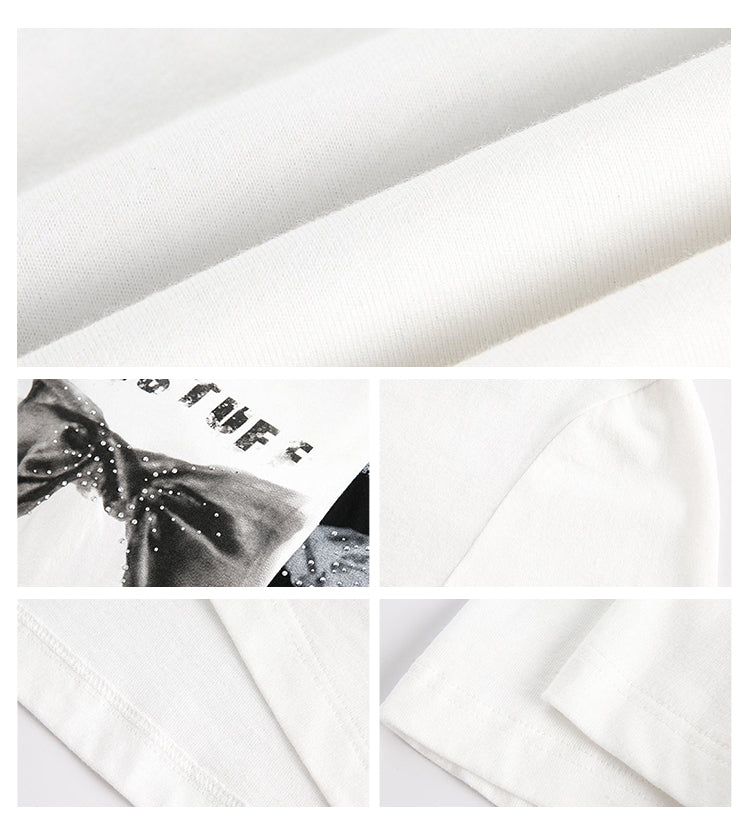 BLACKBB Hot Diamond Bow Print American Basic Retro Slim Fit Women Tee