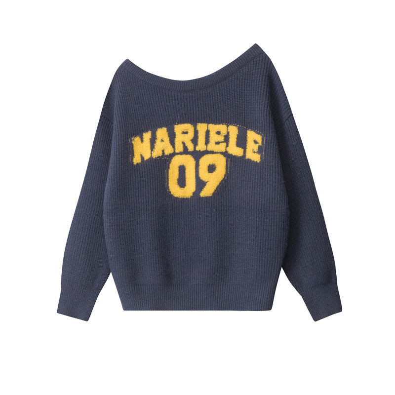 Nariele Letter  Loose Off-Shoulder Pullover Knit Vintage Casual Sweater