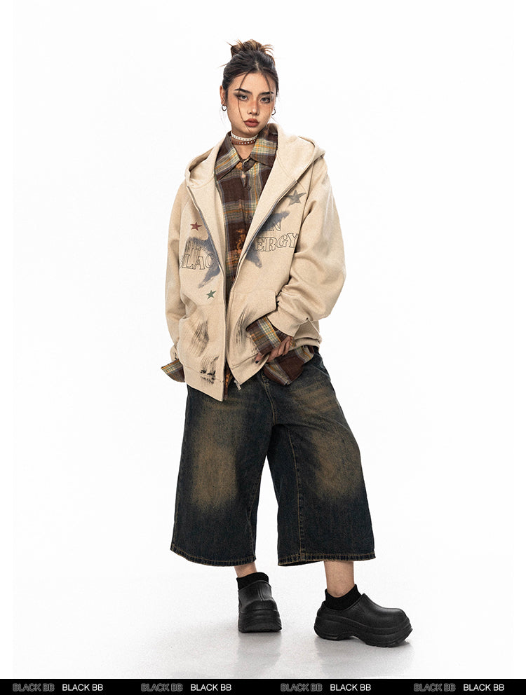 BLACKBB American Painted Star Print Hooded Cardigan Zip Up Jacket