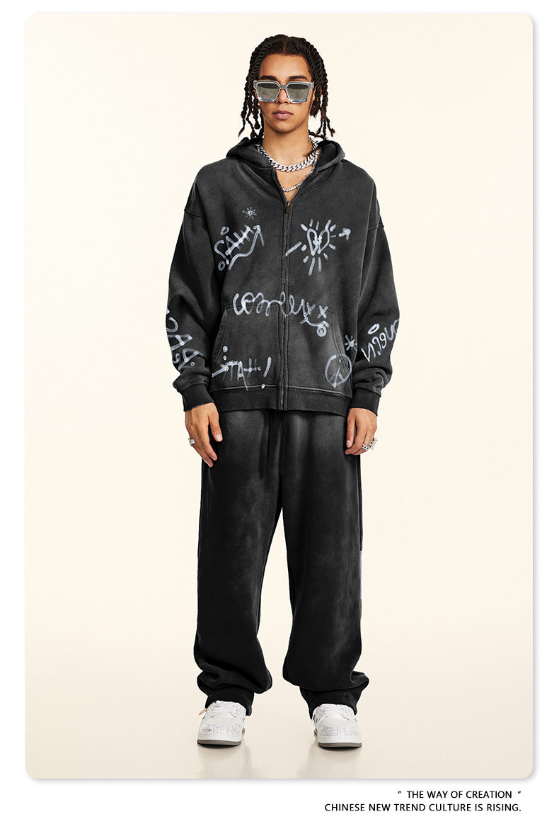 BE Winter Graffiti Hand-Painted On Zipper Hoodie