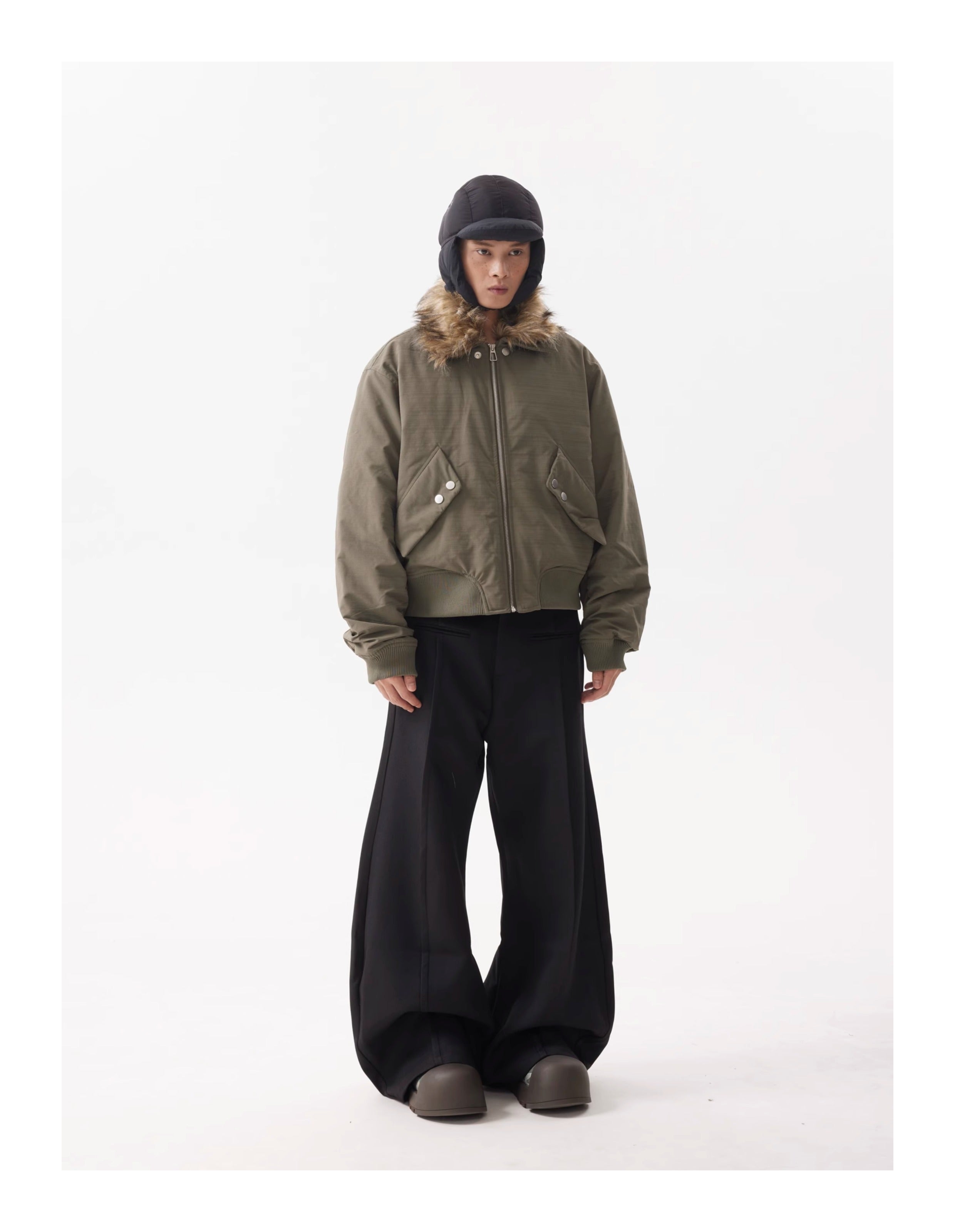 BTSG FUR Detachable Plush Collar Cropped Cargo Jacket