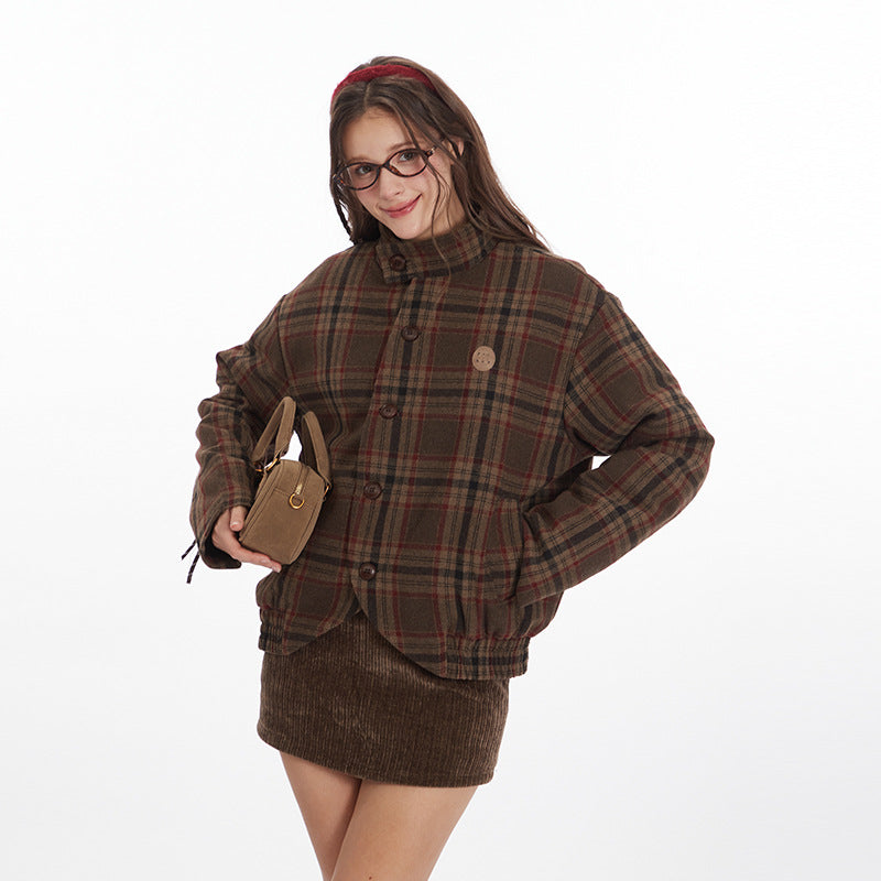 Nariele Y2K retro plaid Stand Neck Winter Slim short cotton jacket