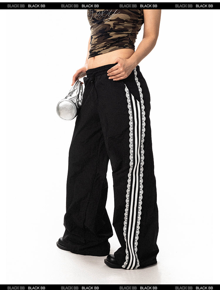 BLACKBB Lace Trim Striped Wide Legs Pants Design