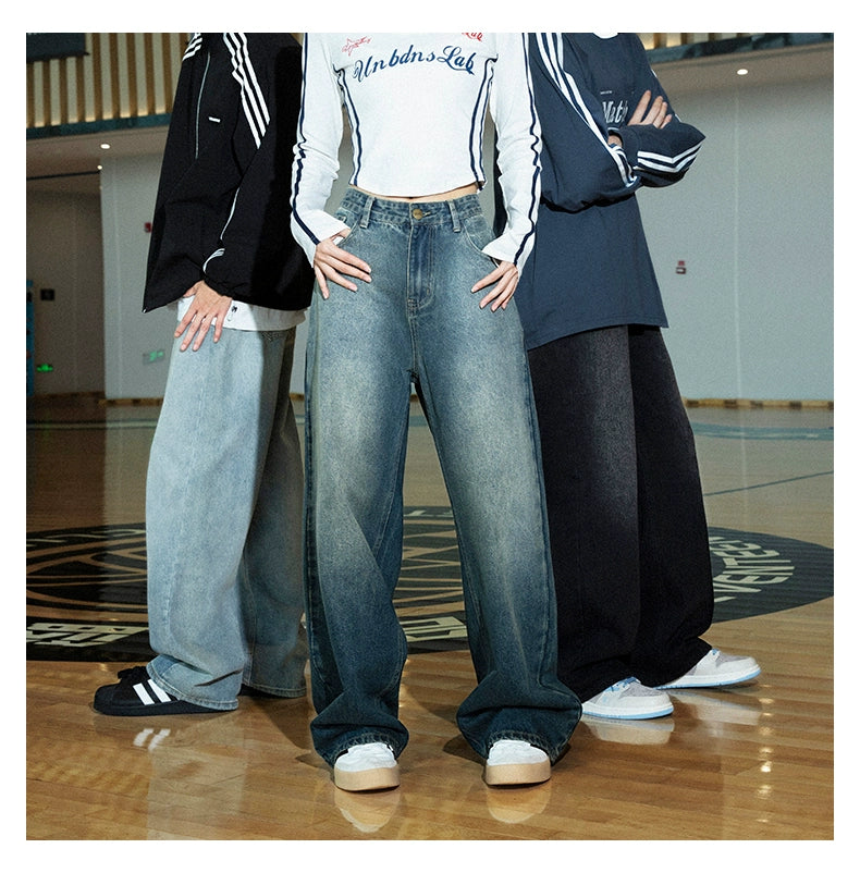 Lemanism Retro Wash Jeans Loose Straight Wide-leg