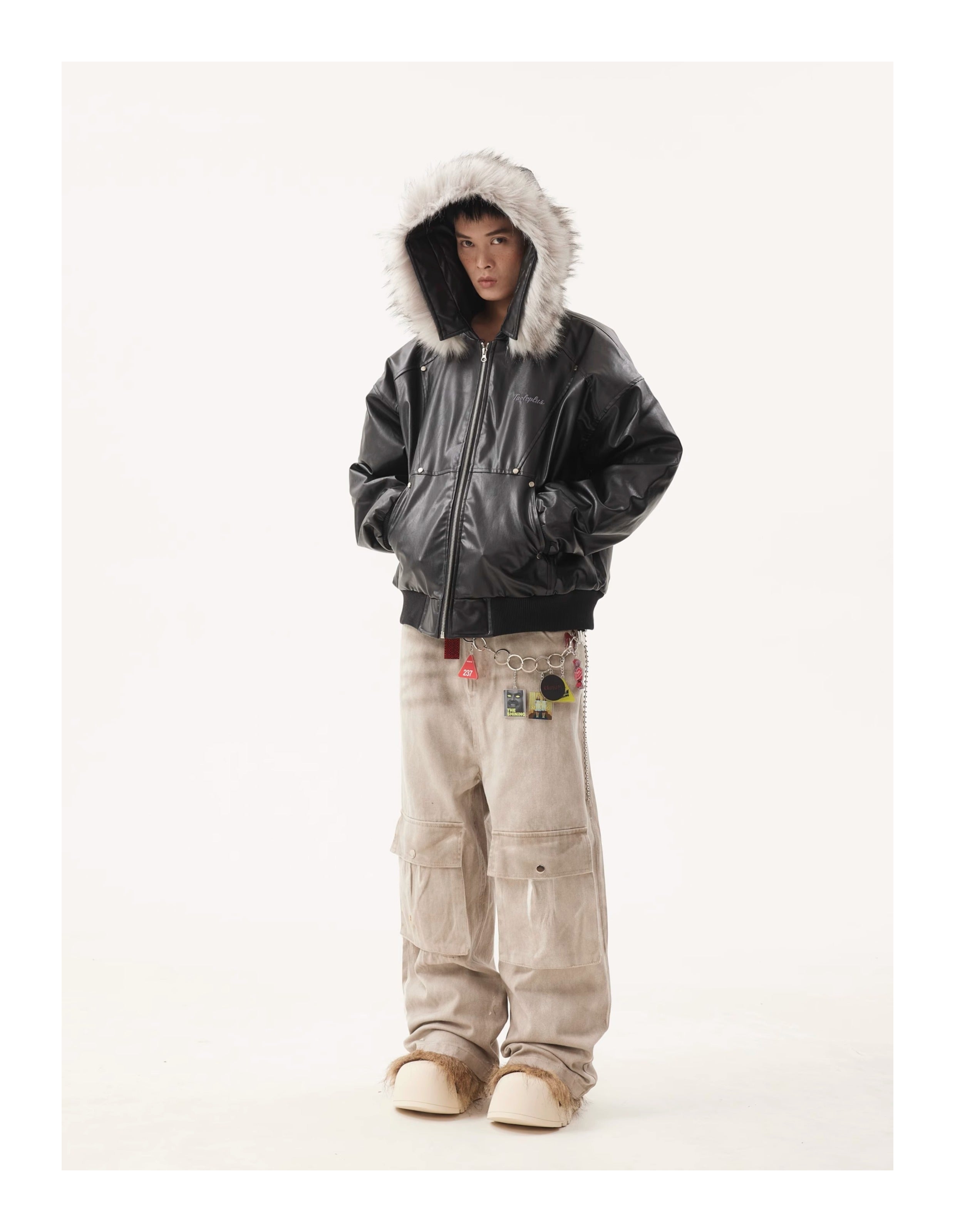 BTSG Detachable Fur Collar PU Leather Jacket