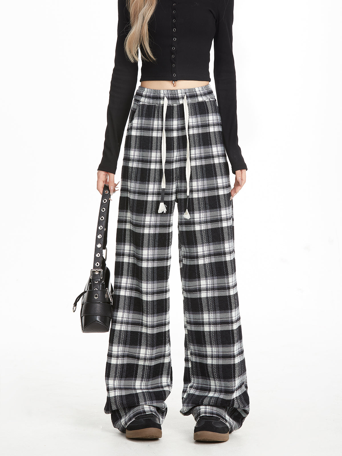 Neresum plaid pants retro drawstring trendy loose straight sweatpants