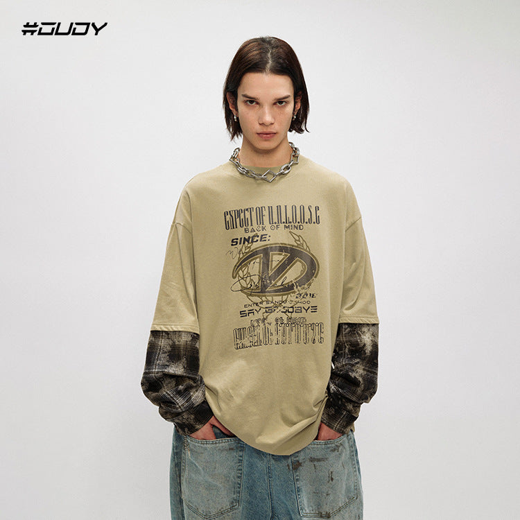 #OVDY Fake Two Pieces Camouflage Stitched Loose Crew neck Sweatshirt