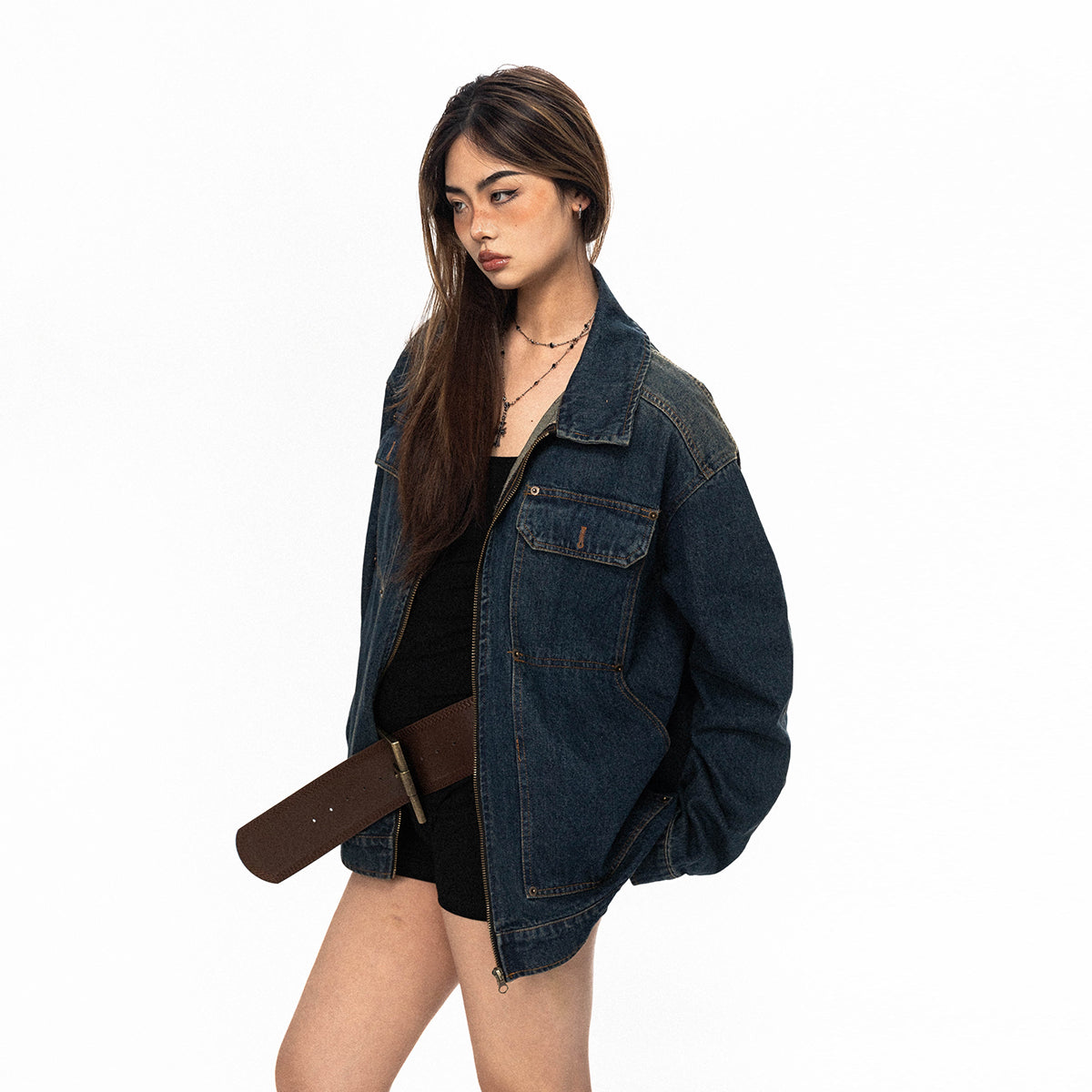 سترة BLACKBB أمريكية عتيقة مطرزة بسحاب من قماش الدنيم المتدرج