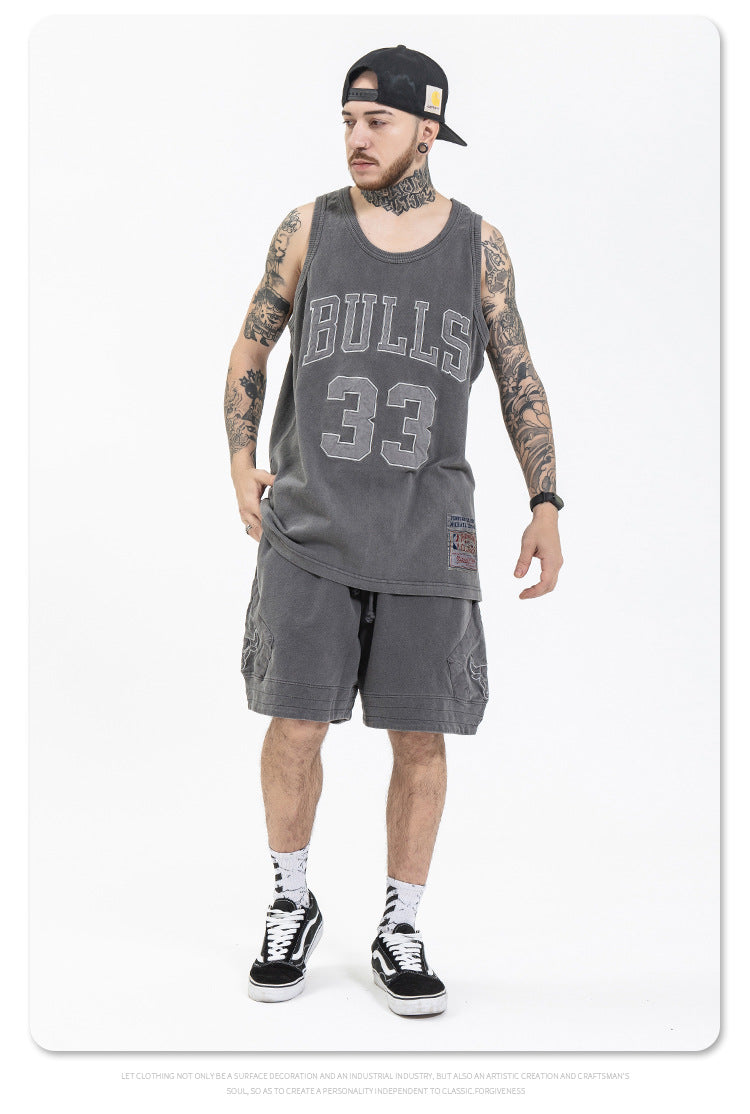 FORGIVNESS  Washed Distressed Retro Bull Head Embroidery Basketball Short