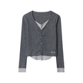 Nariele Fake Two-piece Long Sleeve V-neck Tops Short Slim Sweater