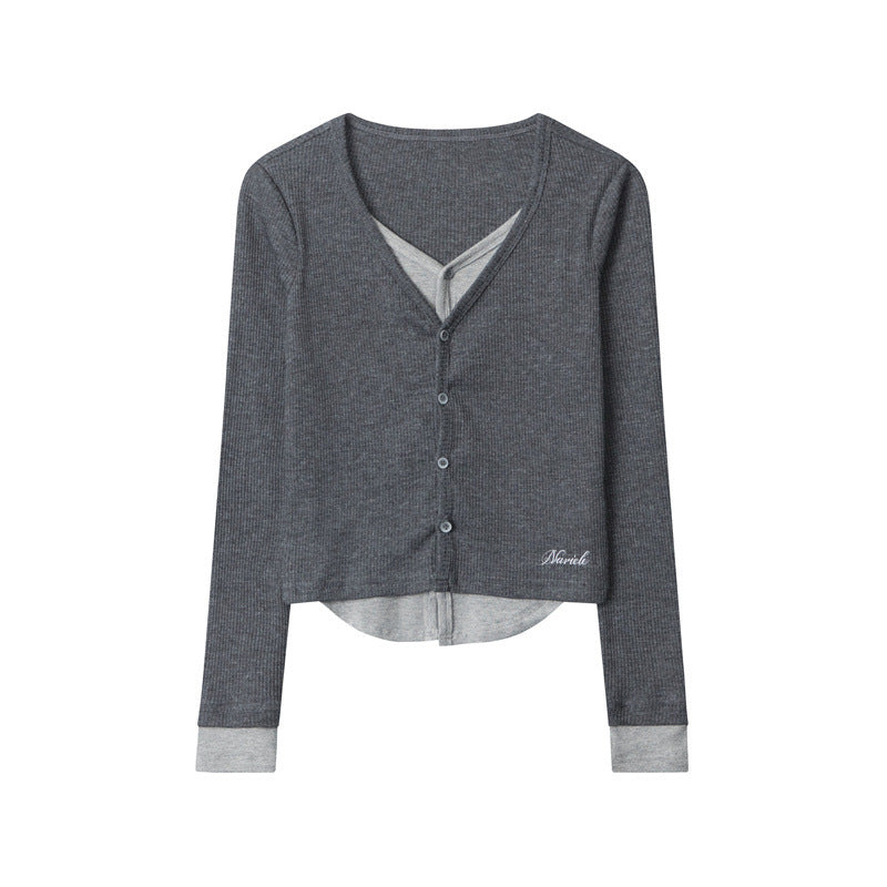 Nariele Fake Two-piece Long Sleeve V-neck Tops Short Slim Sweater