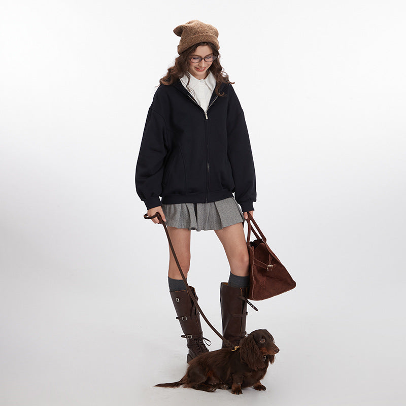 Nariele Classic Loose Solid Women's Hoodie Zipper Jacket