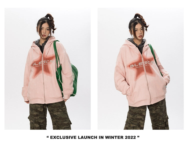 BLACKBB American Vintage Star Print Suede Cardigan Zipper Up Jacket