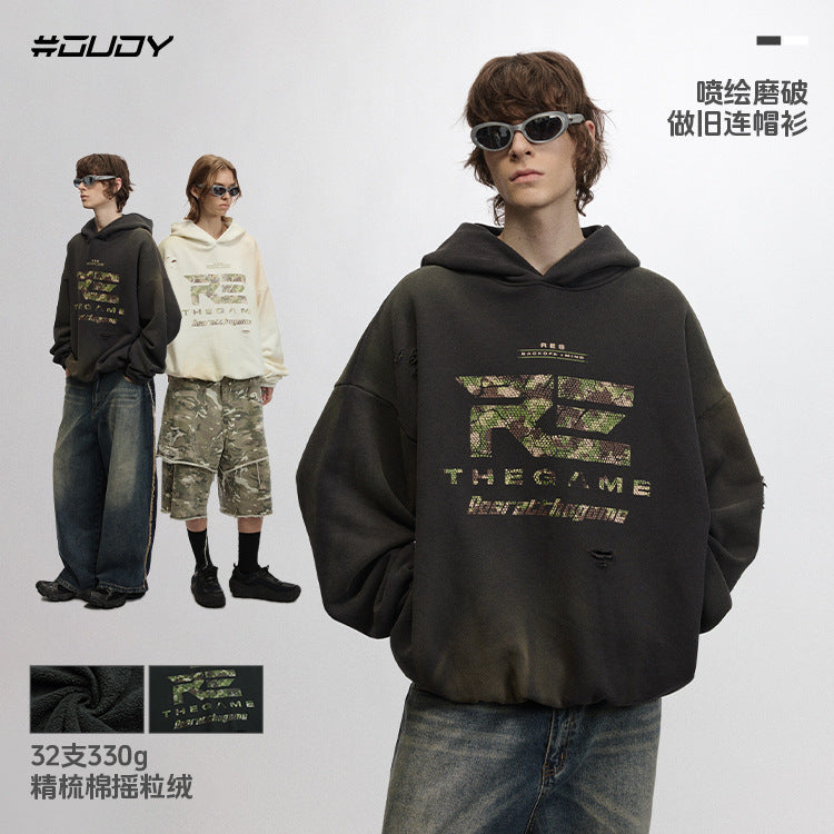 #OVDY Vintage Distressed Wash Handmade Cut Heavy Fleece Hoodie