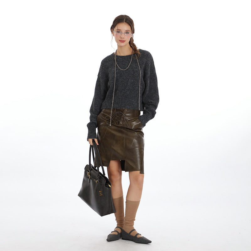 Nariele pullover Solid cropped  Top round neck long sleeve top sweater