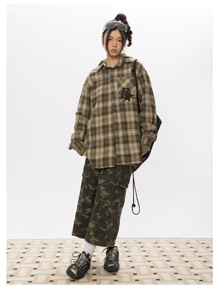 BLACKBB Vintage Plaid Flocked B Letter Print Shirt