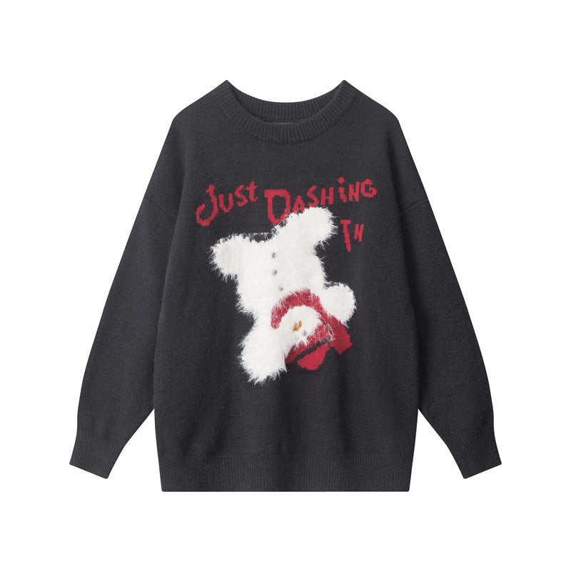 Nariele letter Bear cartoon round neck pullover loose knit sweater
