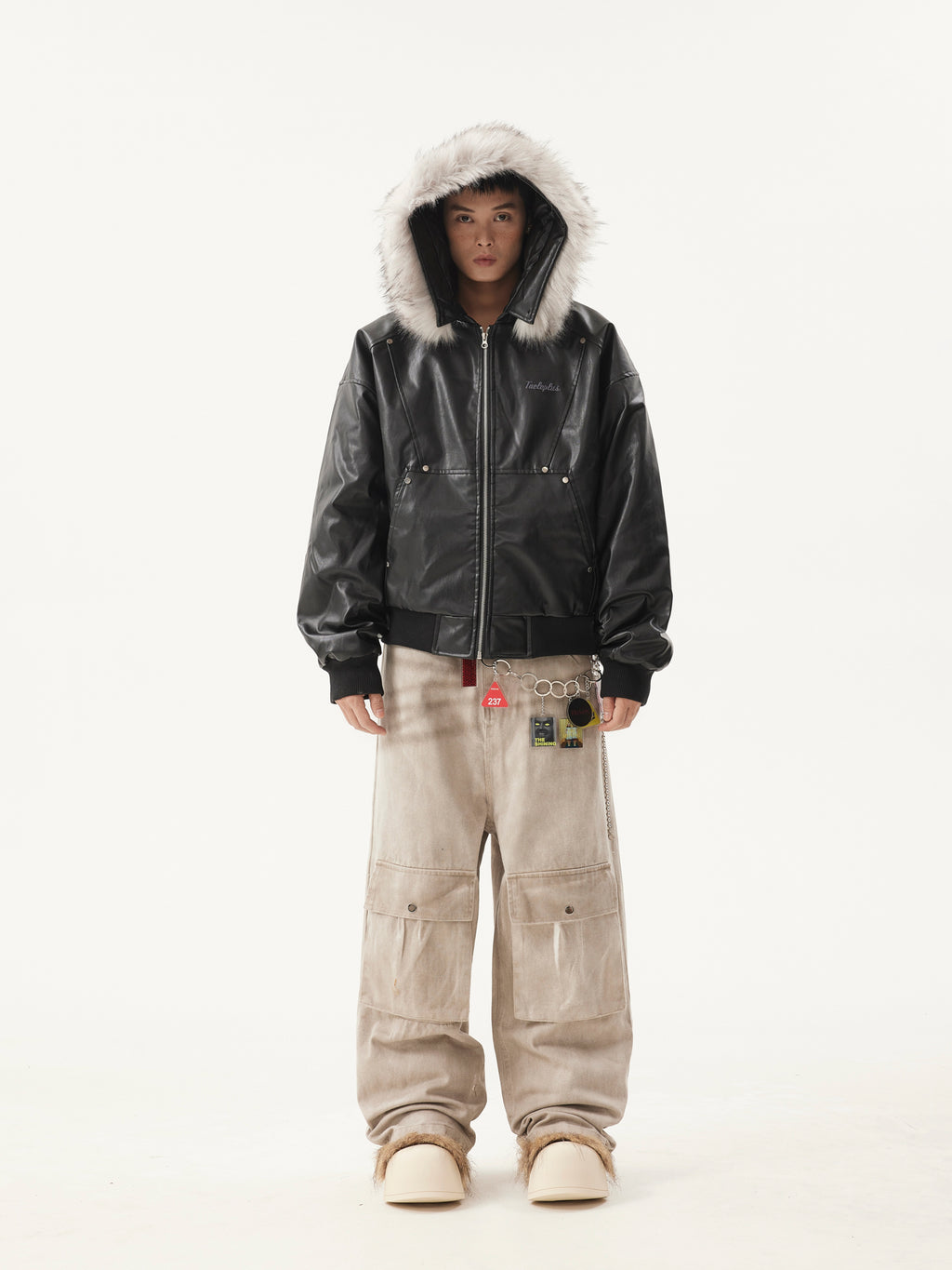 BTSG Detachable Fur Collar PU Leather Jacket
