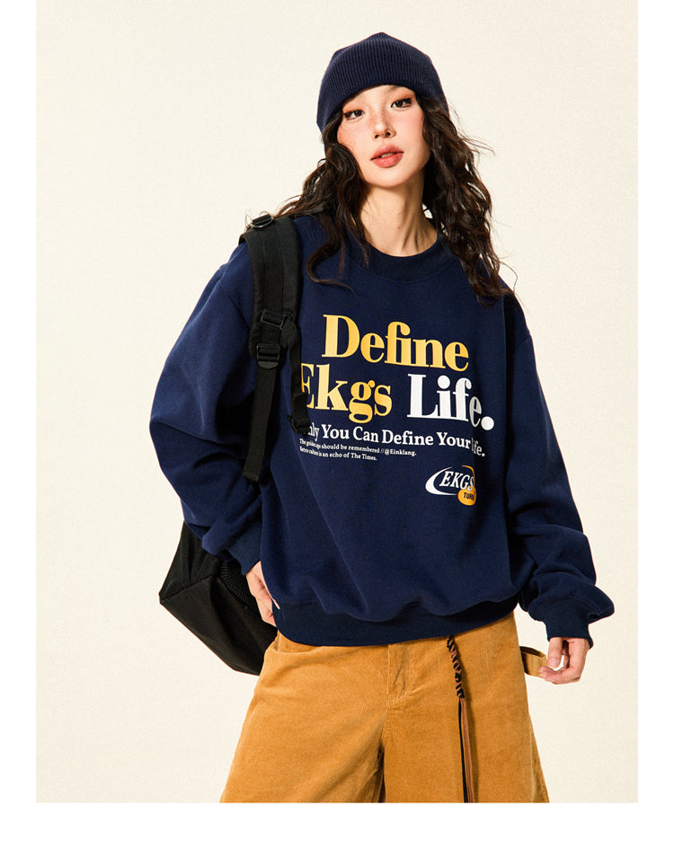 Mershier Original Retro Letter Print Crew Neck Sporty Sweatshirt