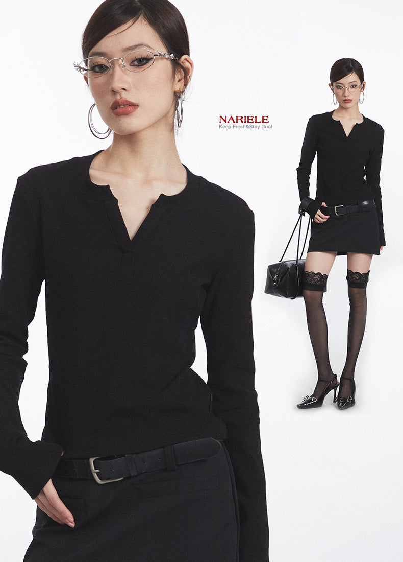 Nariele Pure Color V-neck Tight Long-sleeved Top